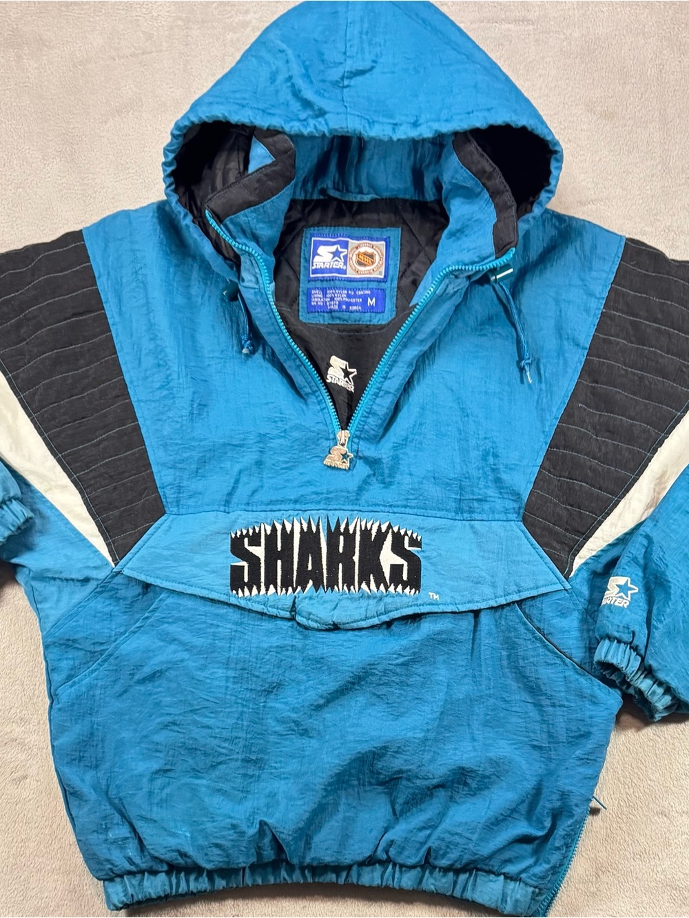 Rare 90’s San Jose Sharks Teal Starter Break Away Jacket Size M Logo Back Hit.